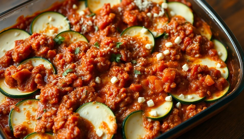 generously layer bolognese sauce