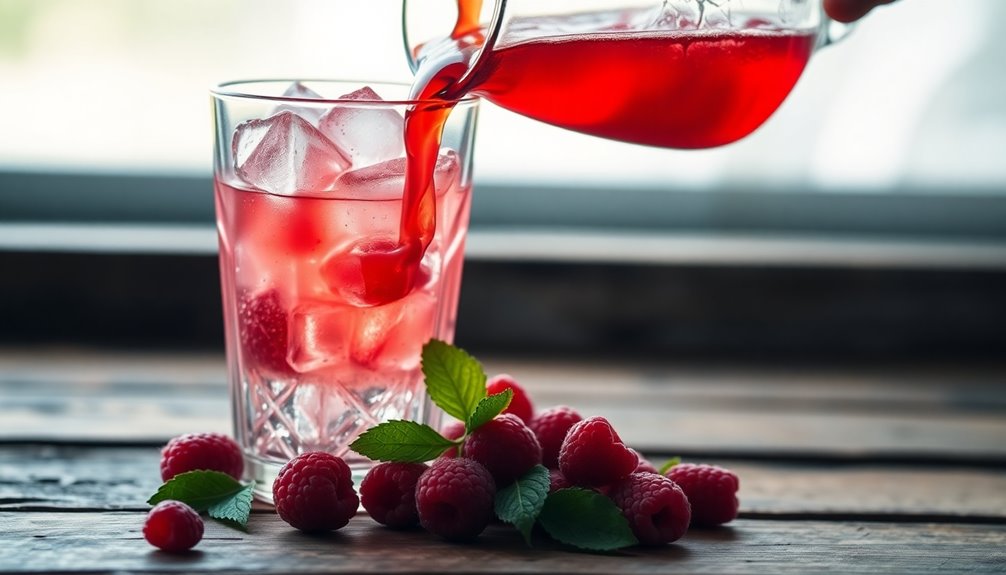 pour raspberry syrup in