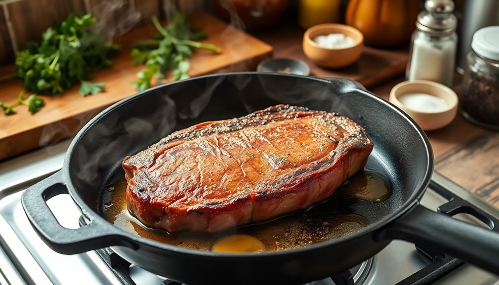 sear steak in skillet