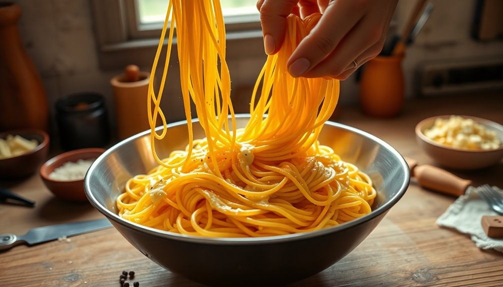 toss pasta with sauce