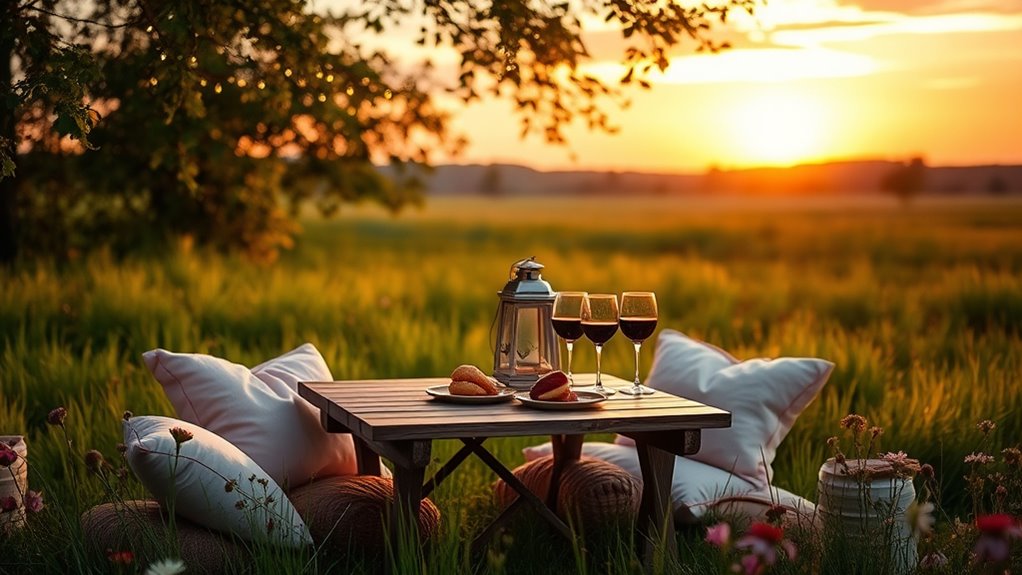 sunset picnic with cozy lighting