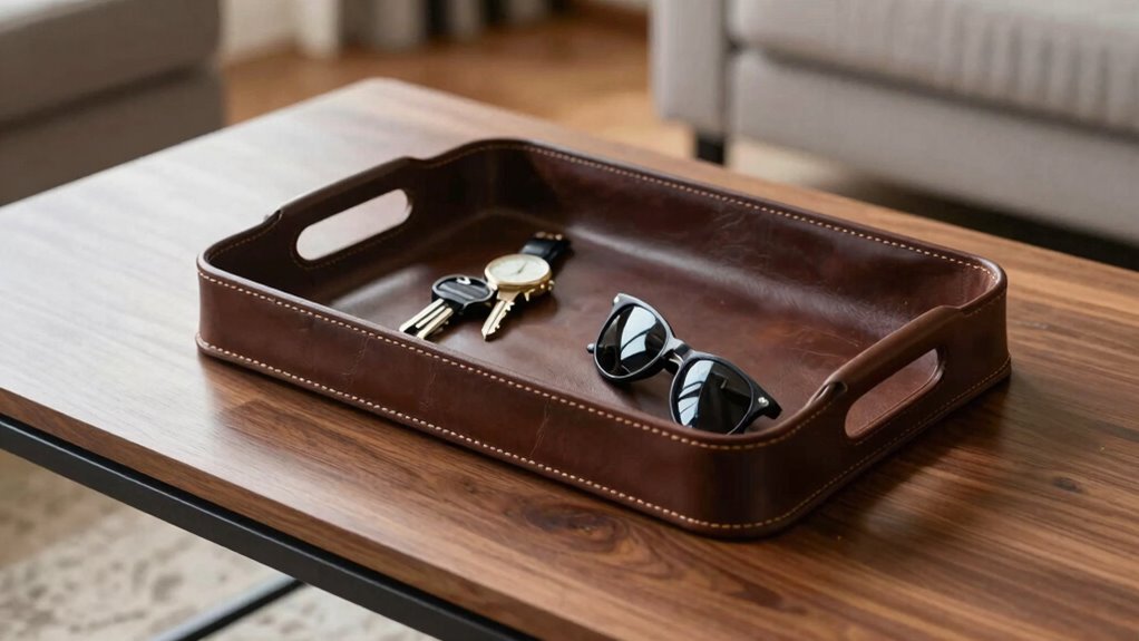 leather tray keeps clutter organized